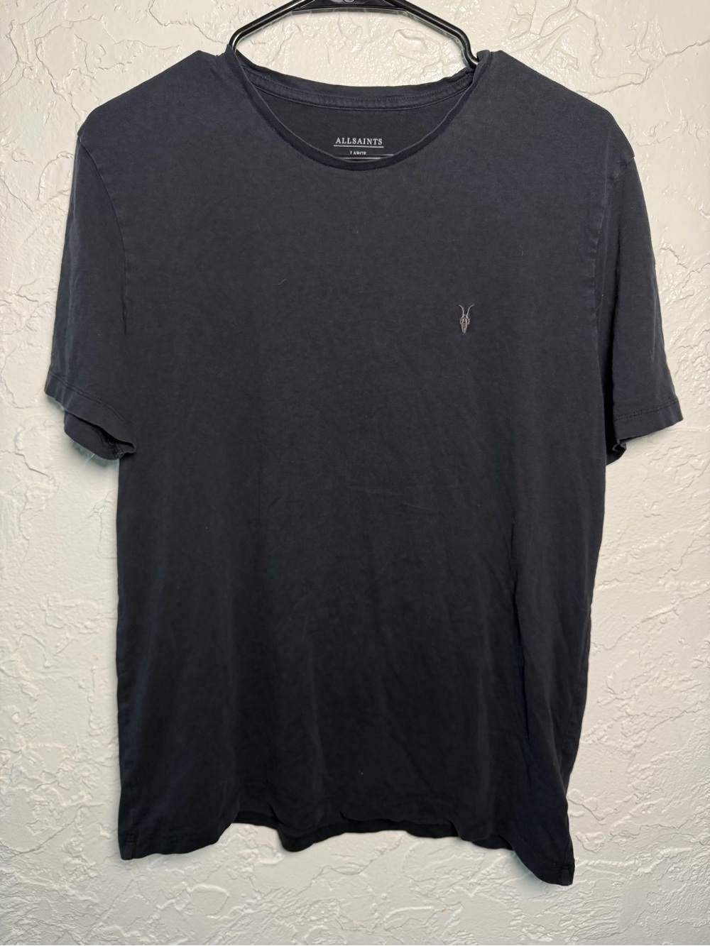 AllSaints Men's Washed Black Crewneck Tee with Subtle Logo large